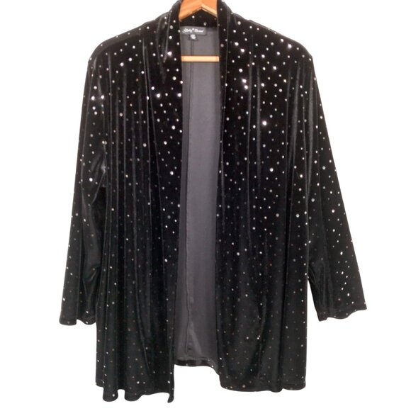 Slinky Brand Shirt Plus Size 1X Open Front Black Velour Mirrored Sequins Party - Picture 1 of 11